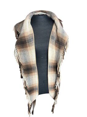 Elie Tahari Plaid Fringe Wool Blend Open Front Vest With Belt - Size S